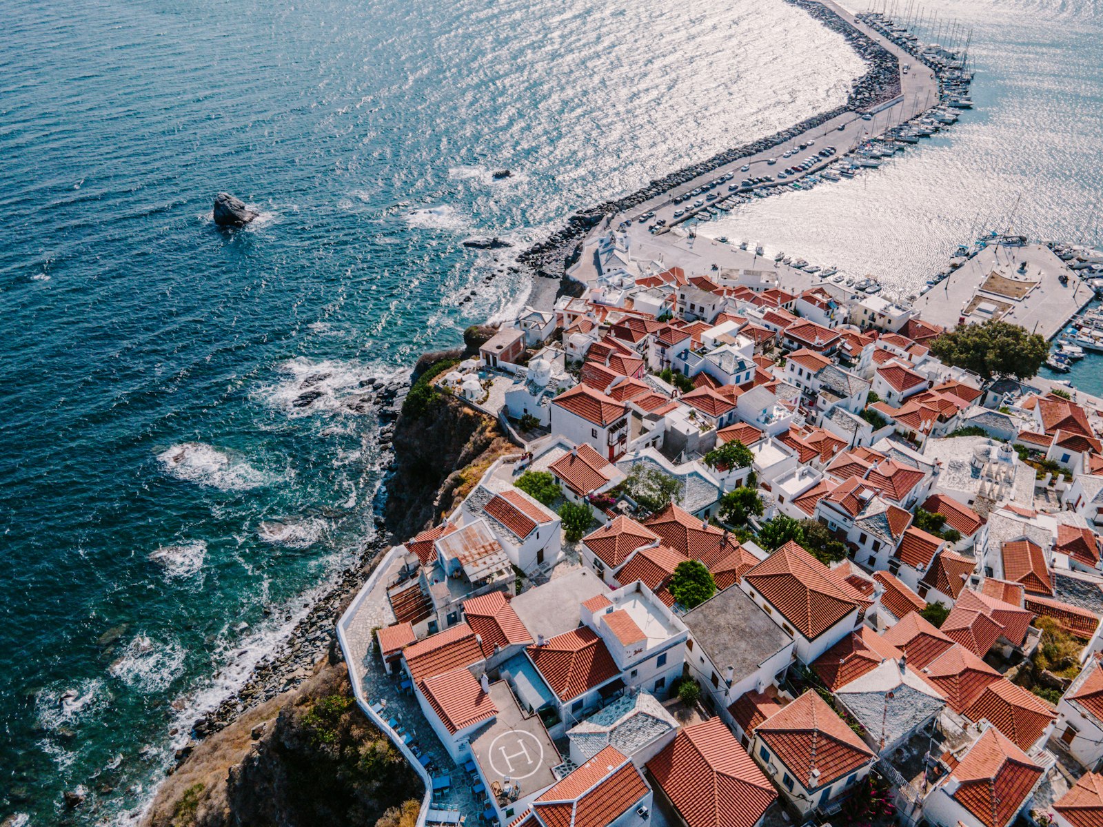 Aerial view of Skopelos town by the sea