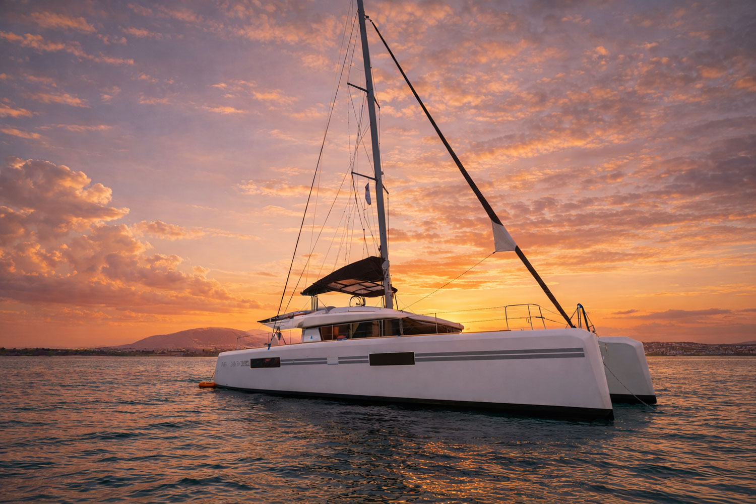 A catamaran at anchor at sunset
