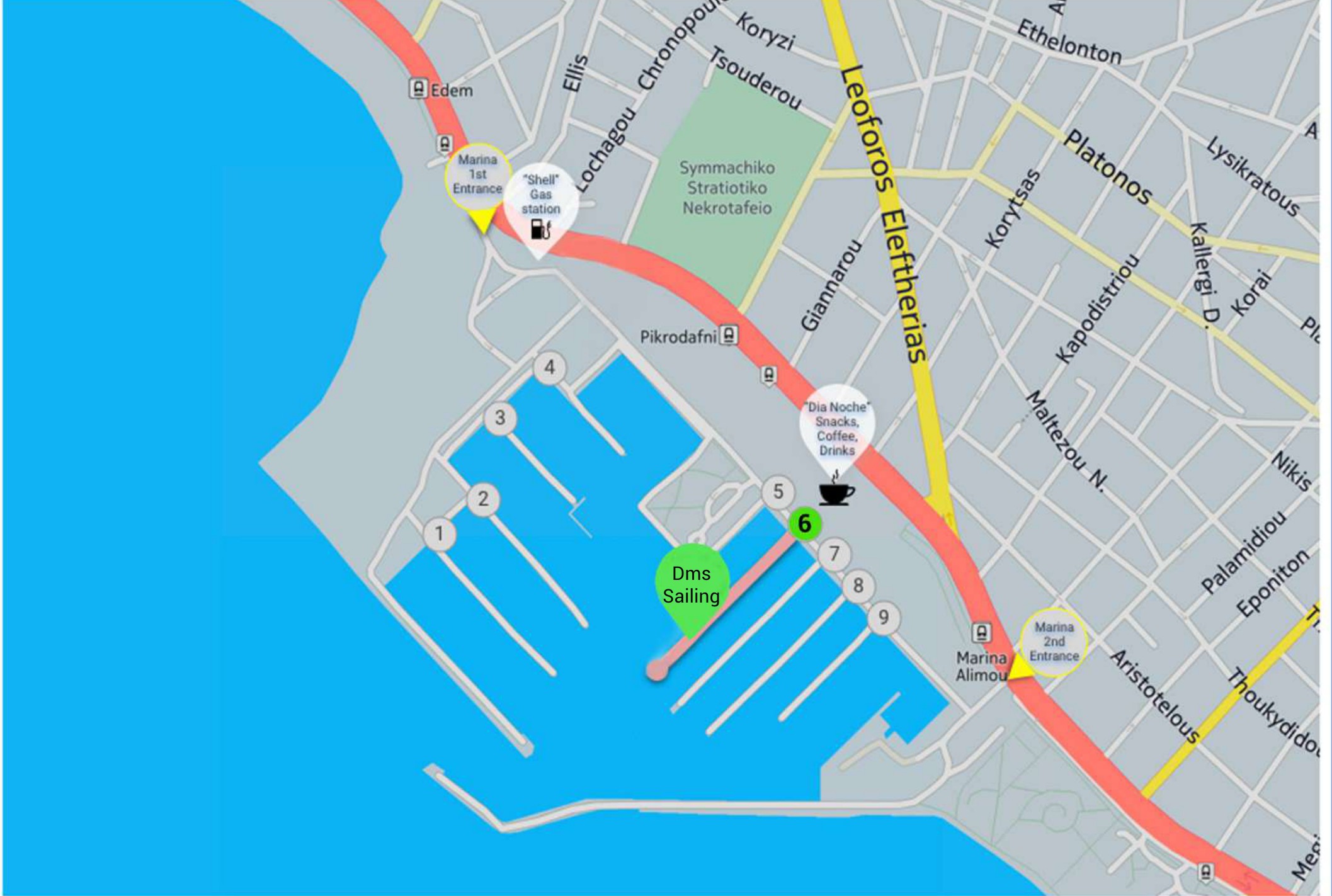 Map of Alimos Marina showing the DMS Sailing base at the end of Pier 6, the two marina entrances and the Dia Noche café